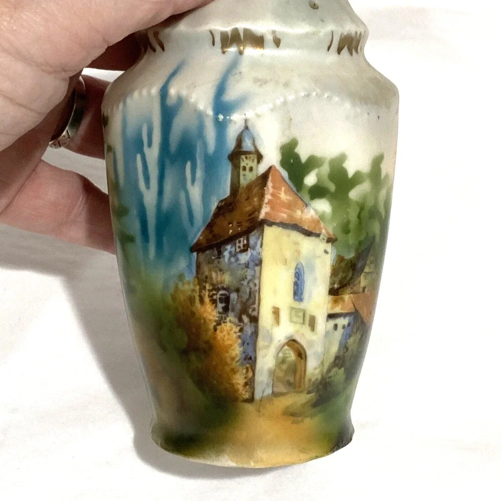 Vintage handpainted porcelain sugar shaker castor muffineer castles landscape